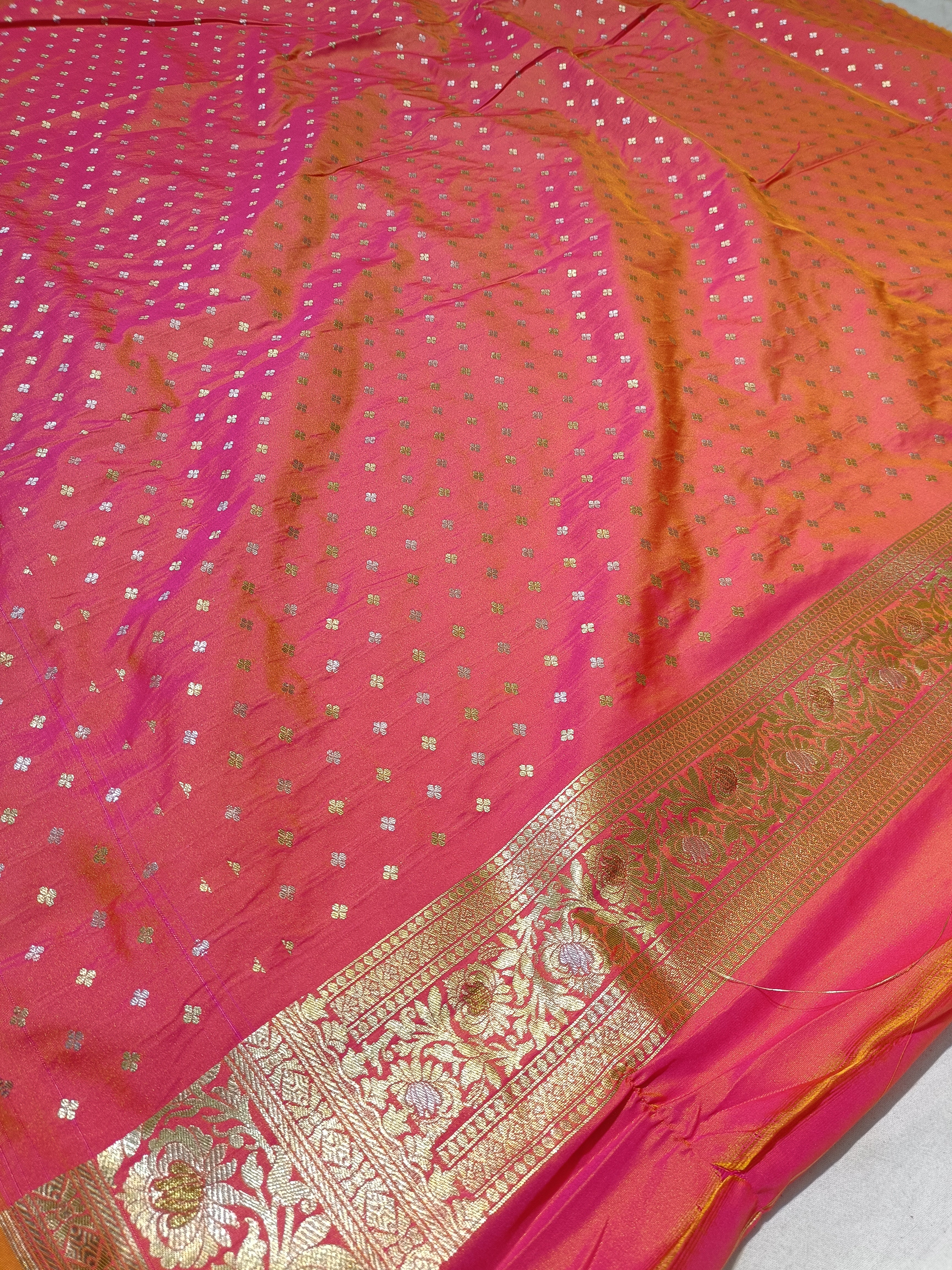 Banarasi Pink and  Orange Gradient Color Pawri Silk Saree