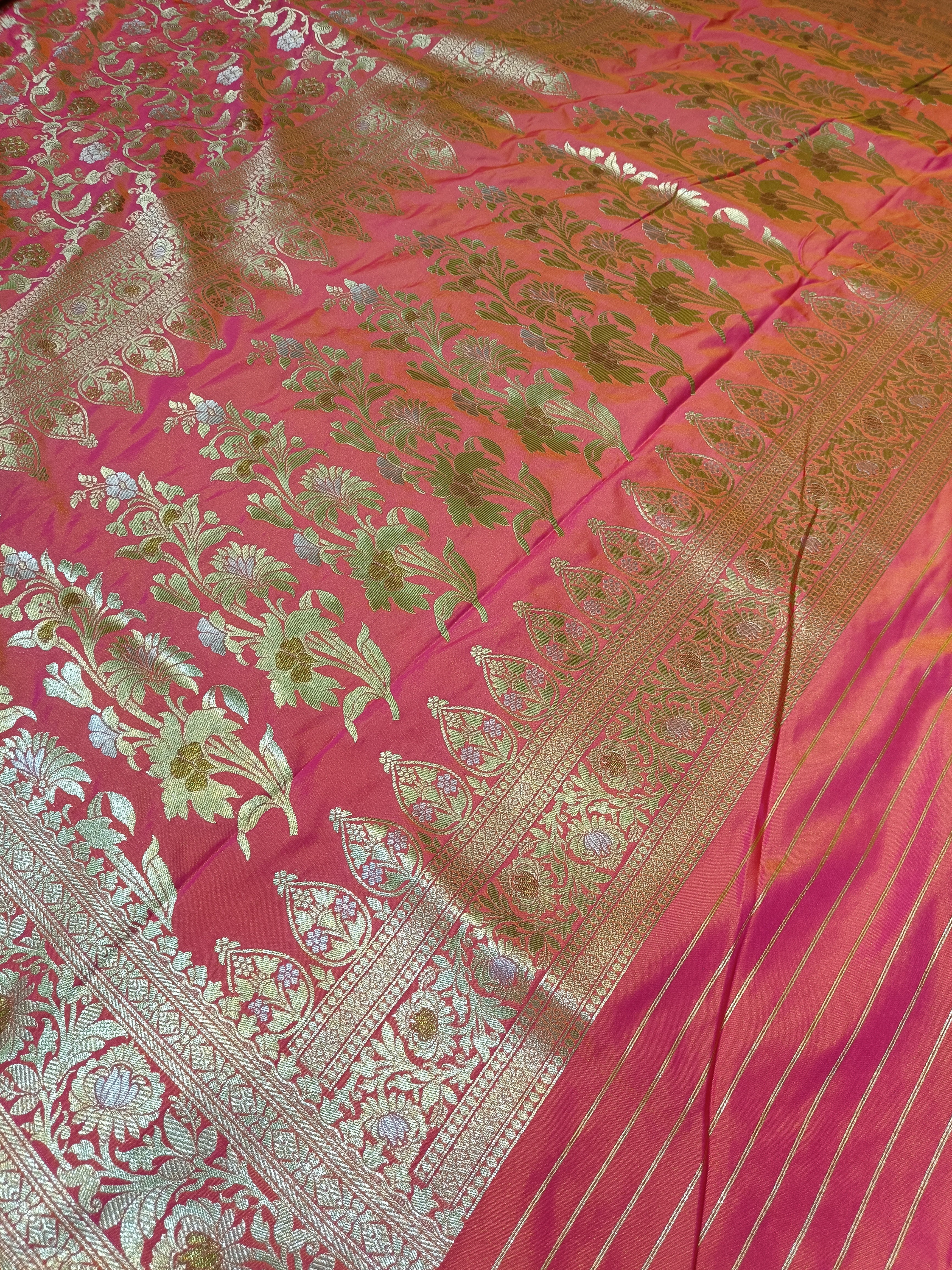 Banarasi Pink and  Orange Gradient Color Pawri Silk Saree