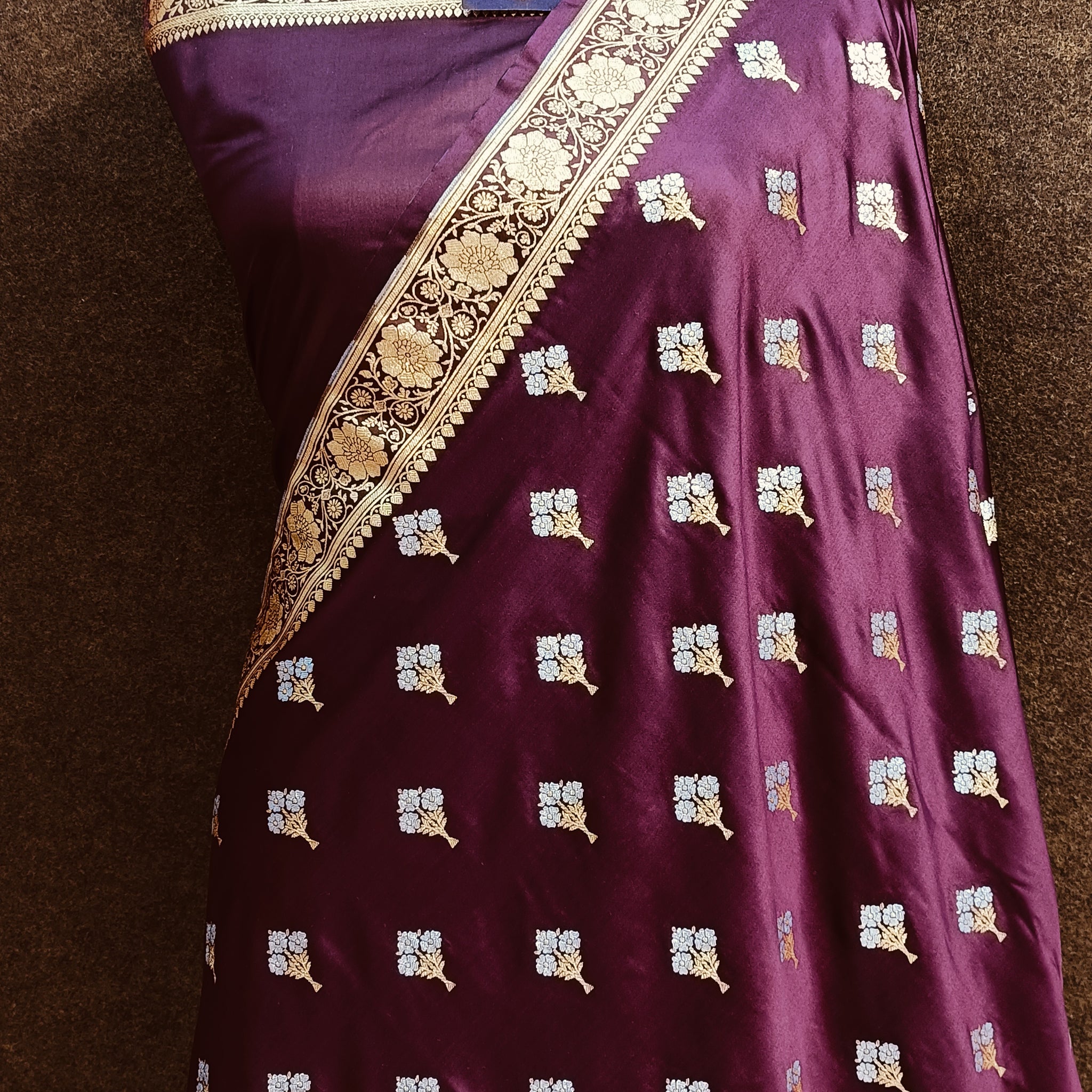 Banarasi Dark Coffe Colur Silver Zari Meena Saree