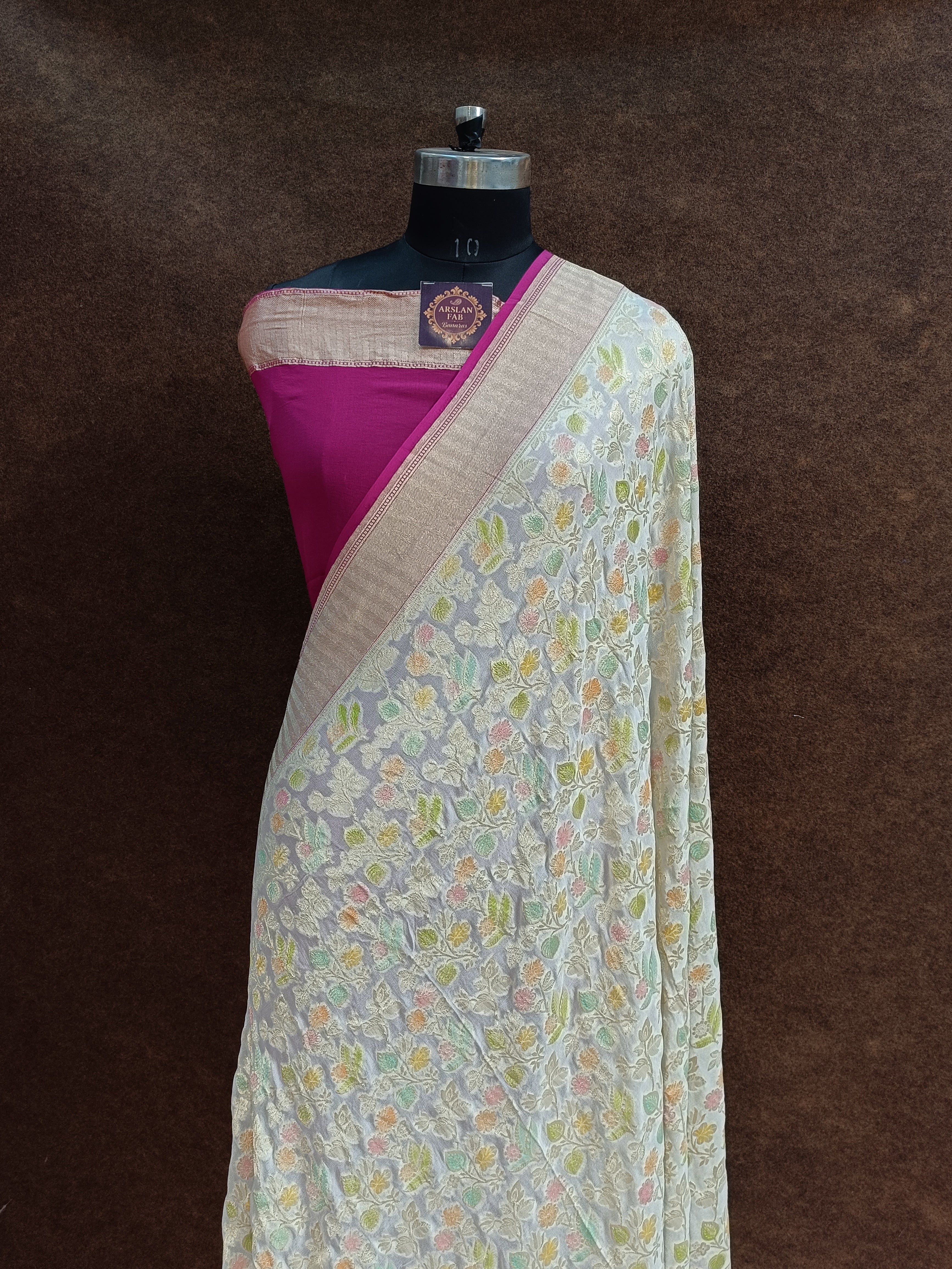 Banarasi Pure Georjette Creem Multi Meena Saree