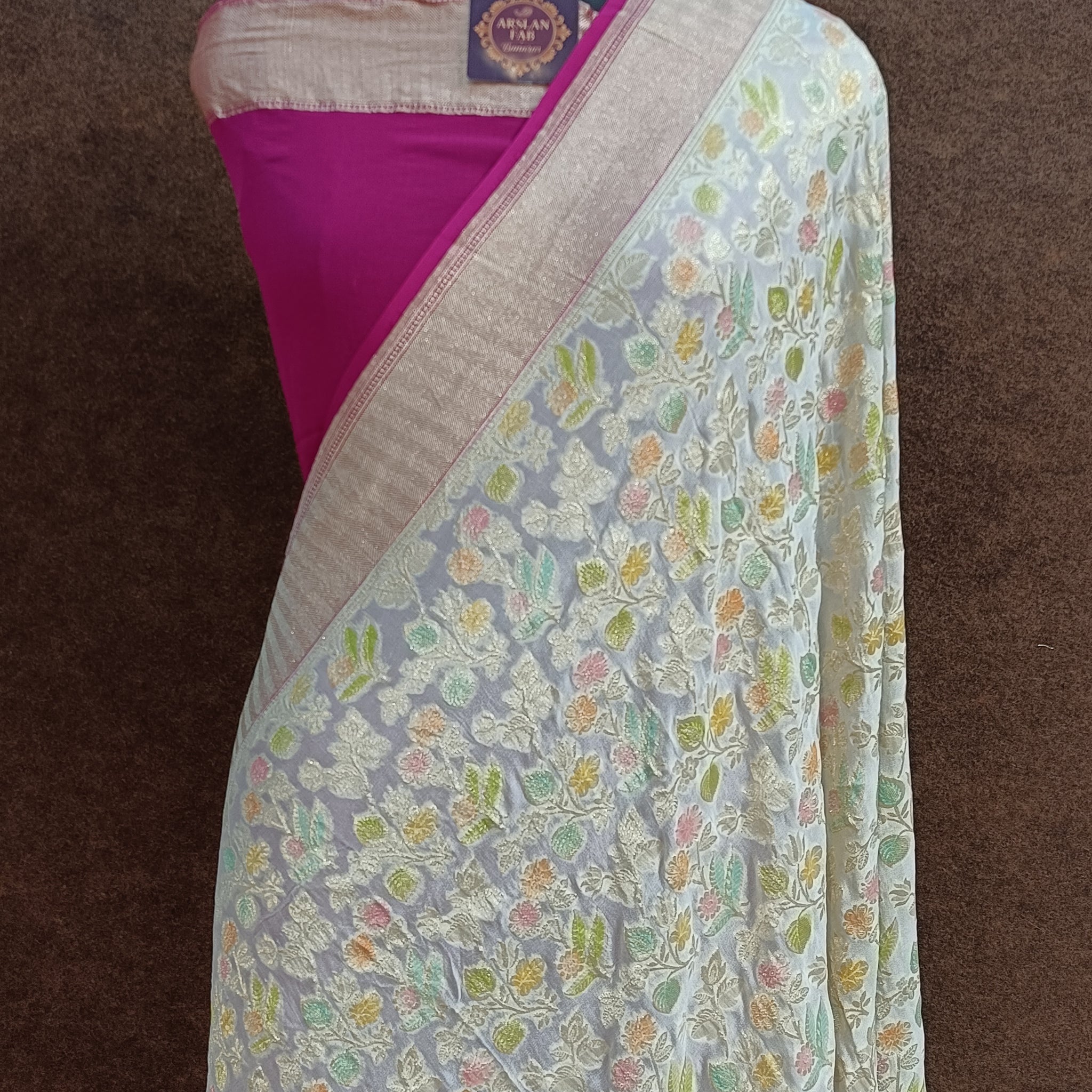 Banarasi Pure Georjette Creem Multi Meena Saree