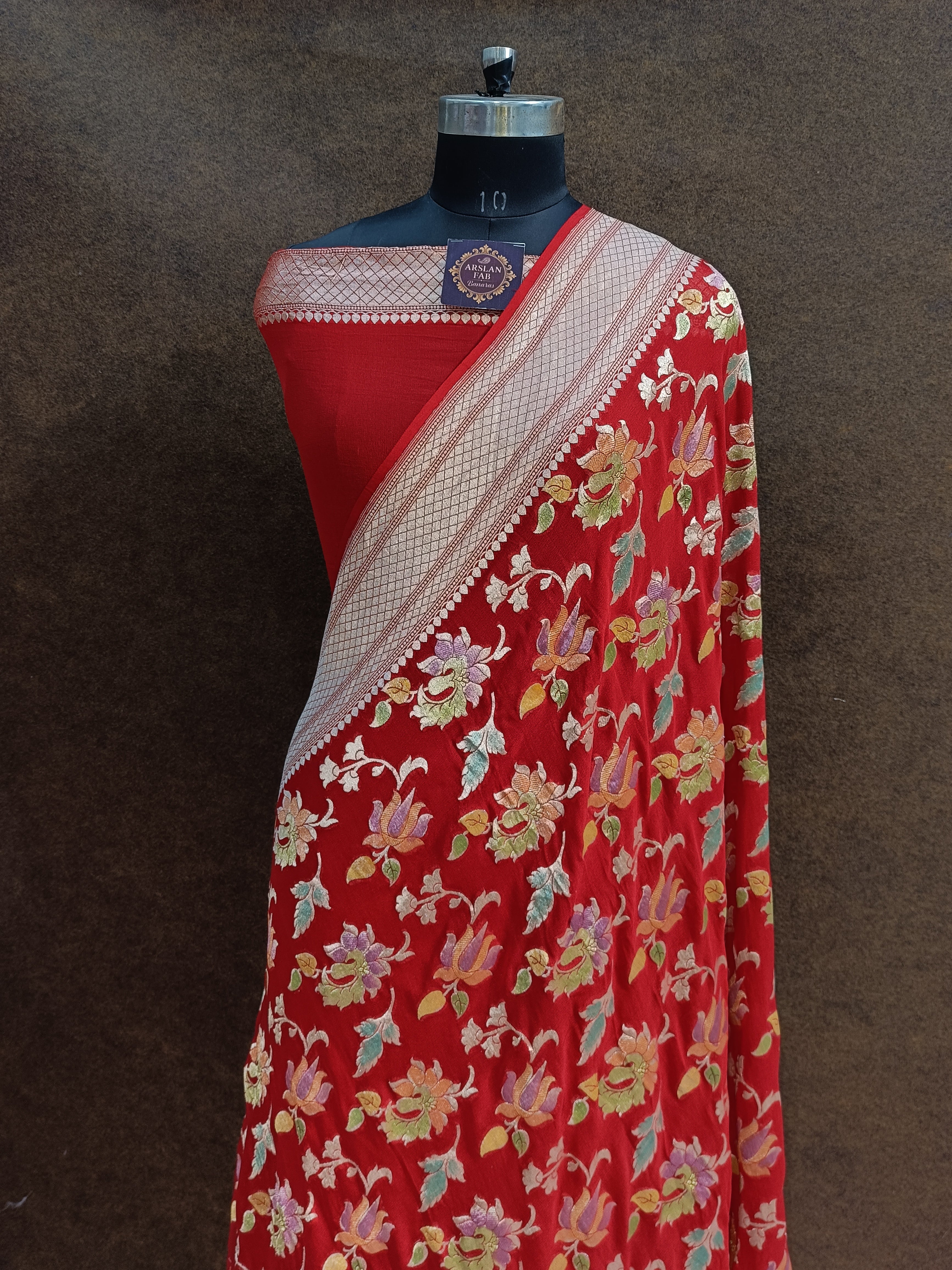 Banarasi Pure Georjette Brus Meena Red Saree