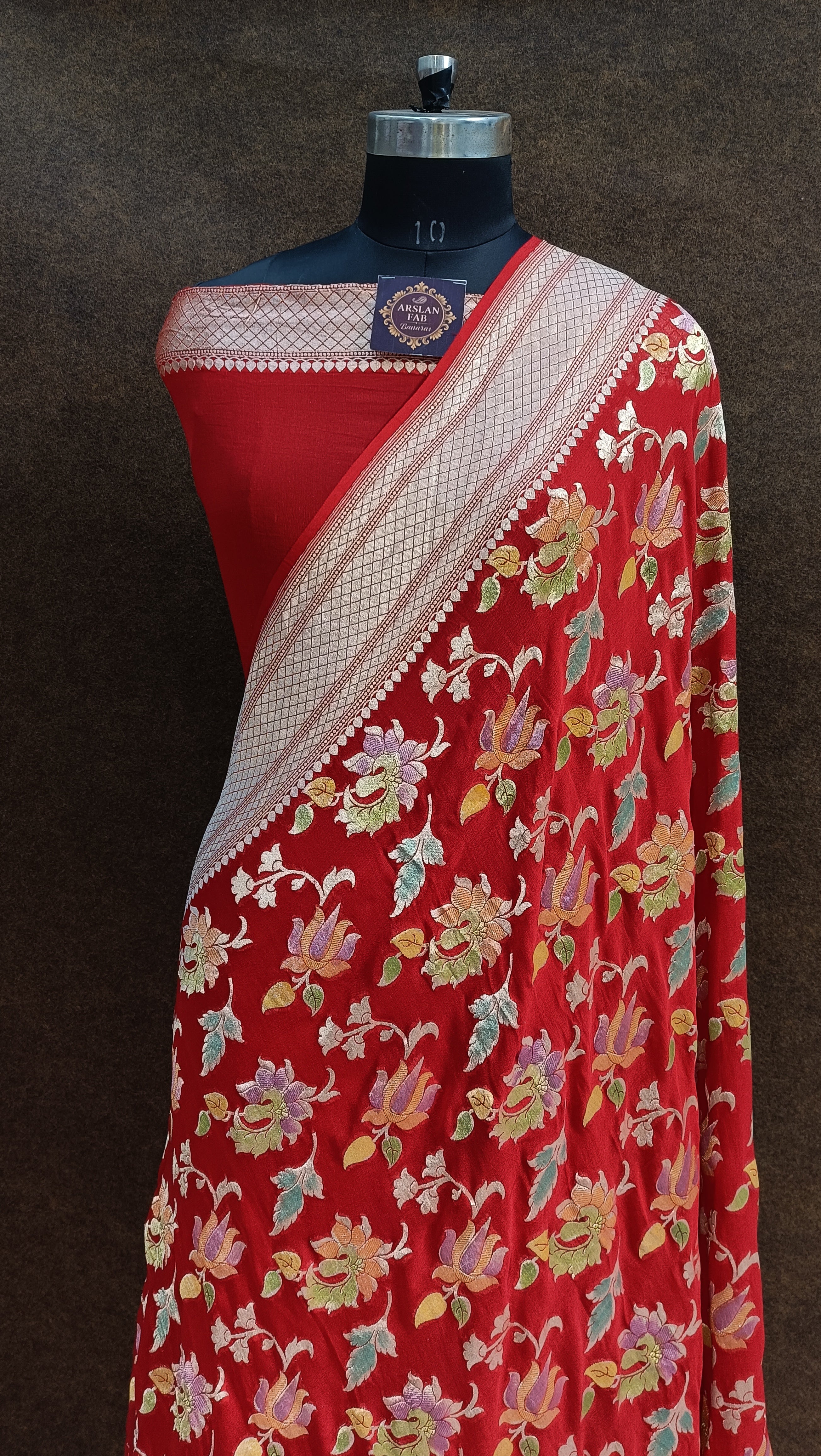 Banarasi Pure Georjette Brus Meena Red Saree
