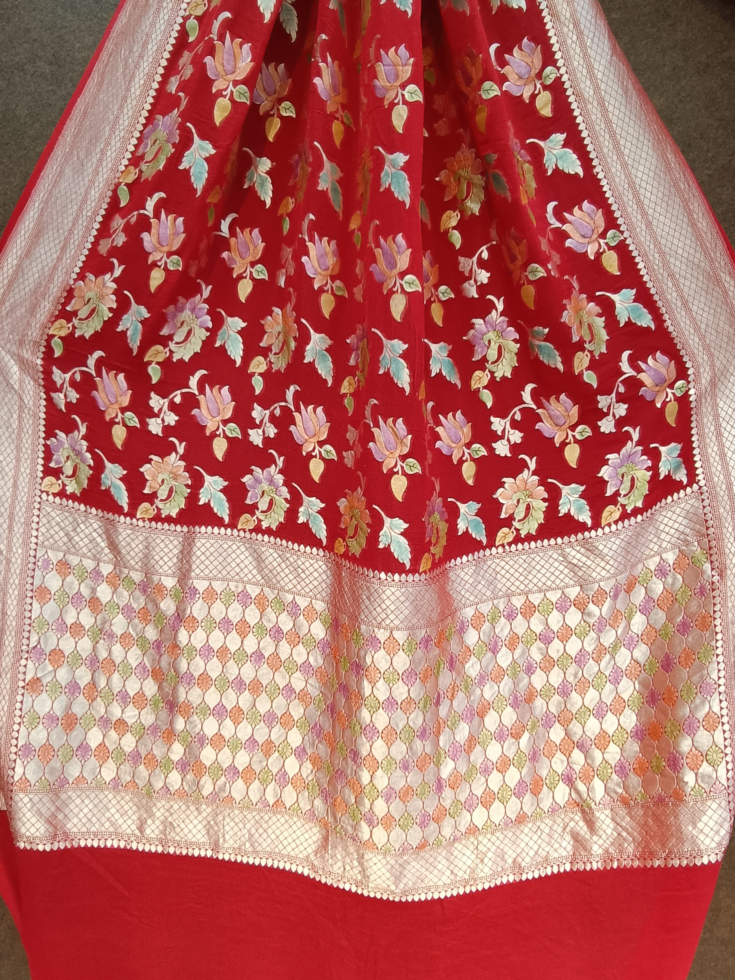 Banarasi Pure Georjette Brus Meena Red Saree