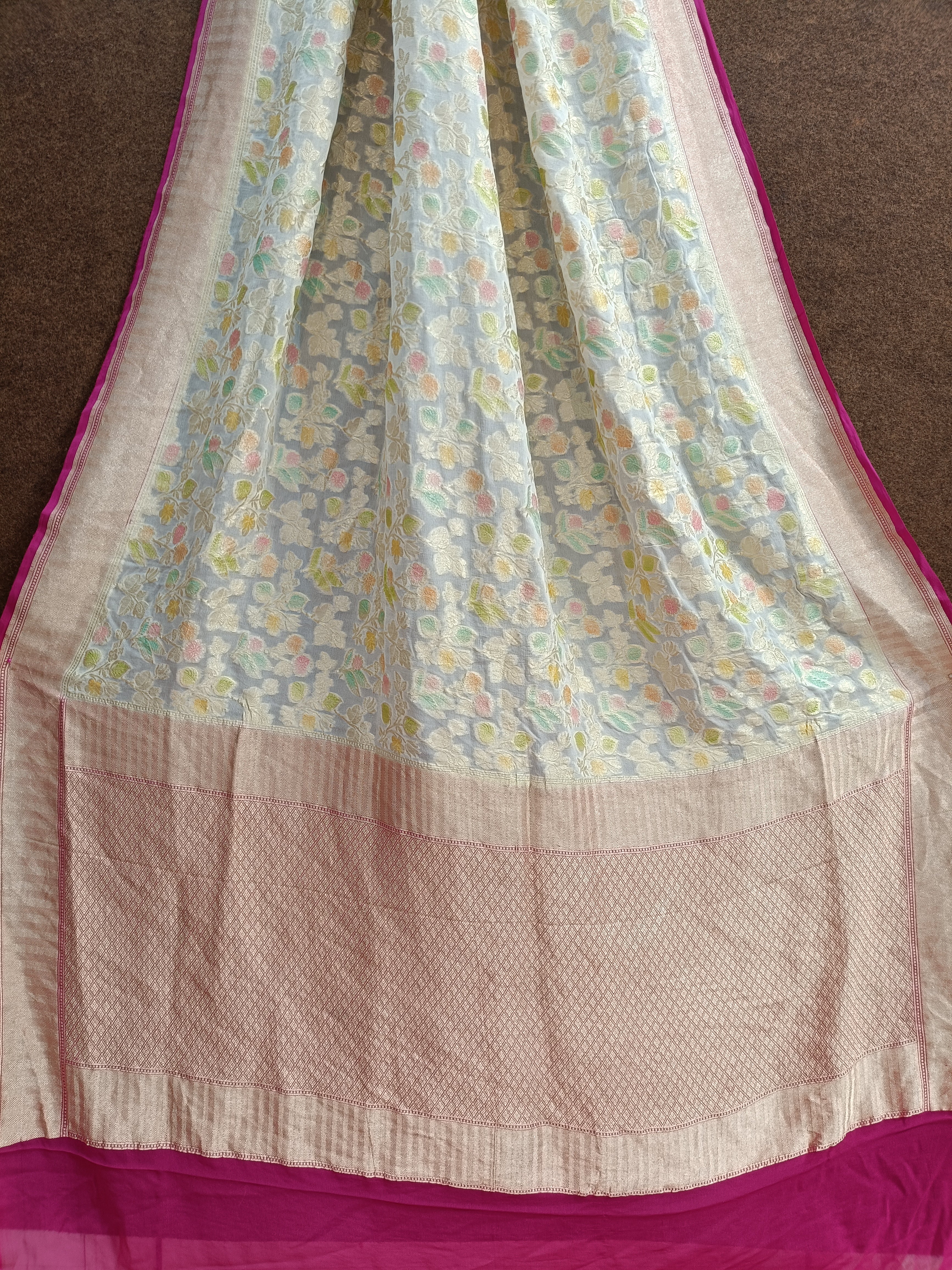 Banarasi Pure Georjette Creem Multi Meena Saree
