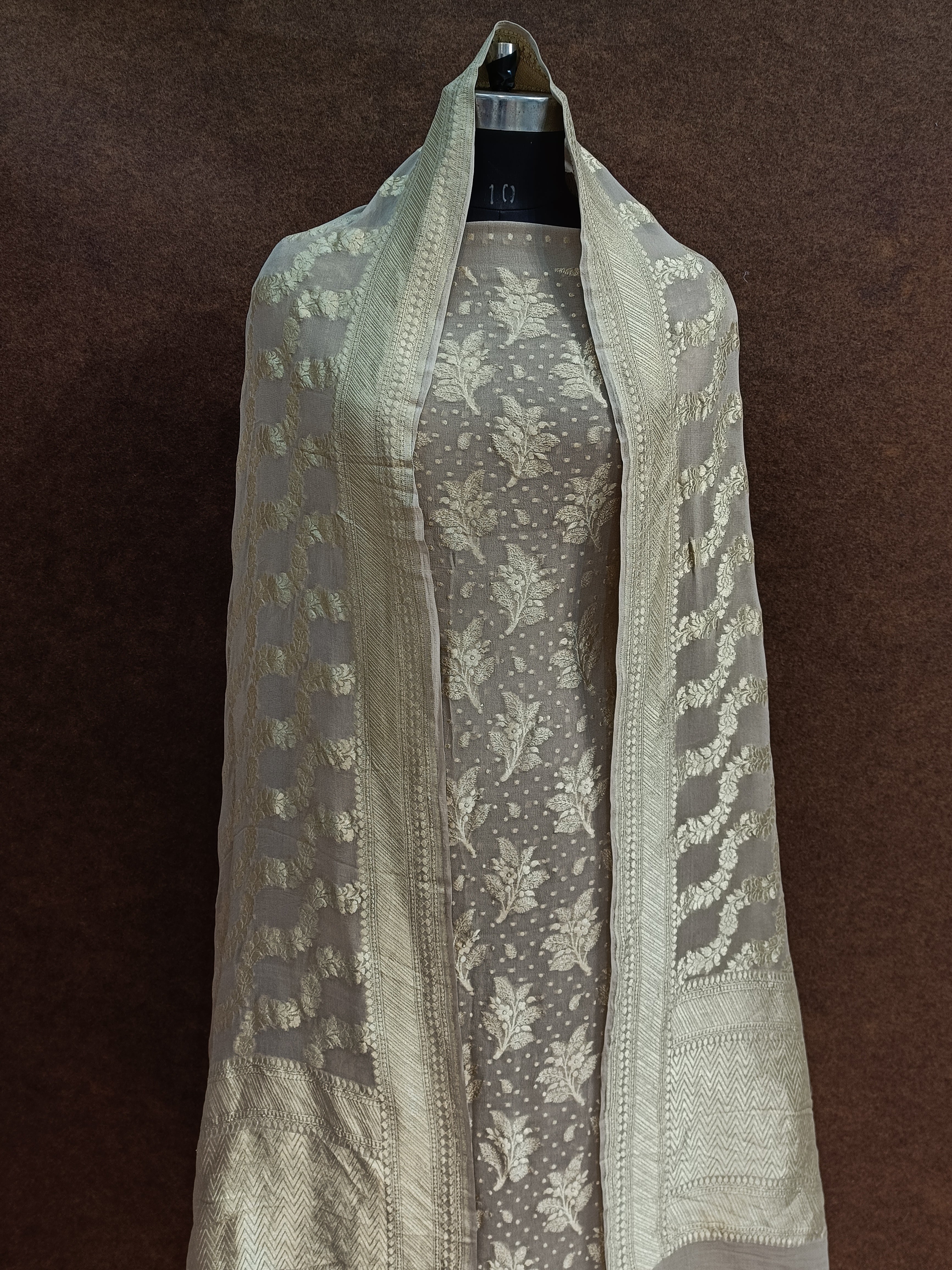 Banarasi Pure Khaddi Georjette Cream Suit