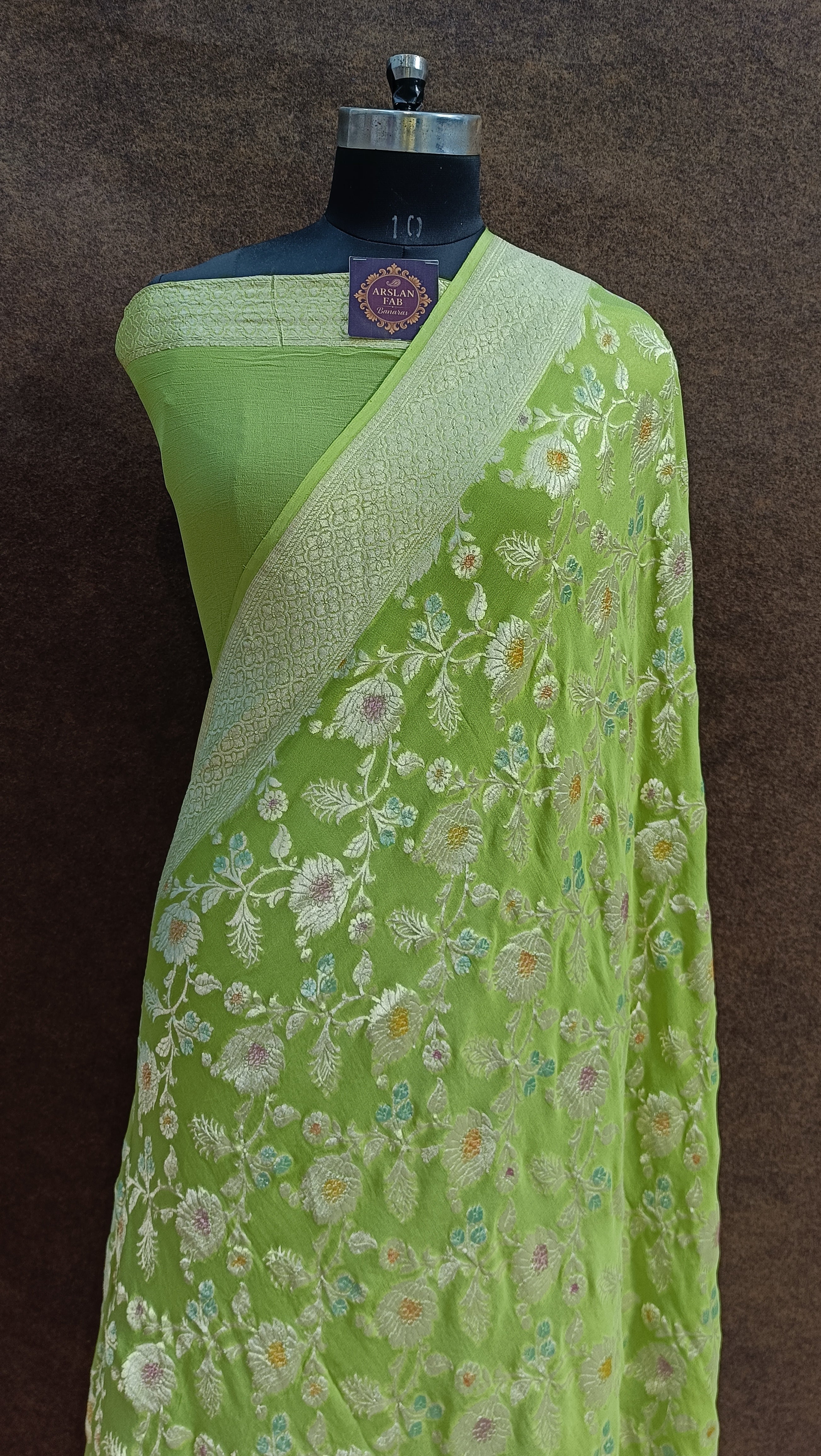 Banarasi pure Khaddi Georjette Meenakari Pista Green Saree