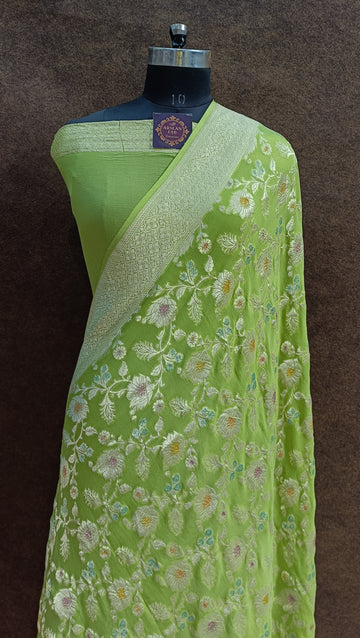 Banarasi pure Khaddi Georjette Meenakari Pista Green Saree