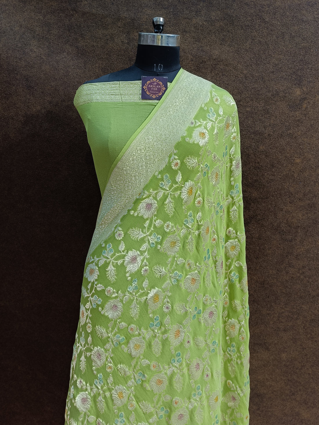 Banarasi pure Khaddi Georjette Meenakari Pista Green Saree