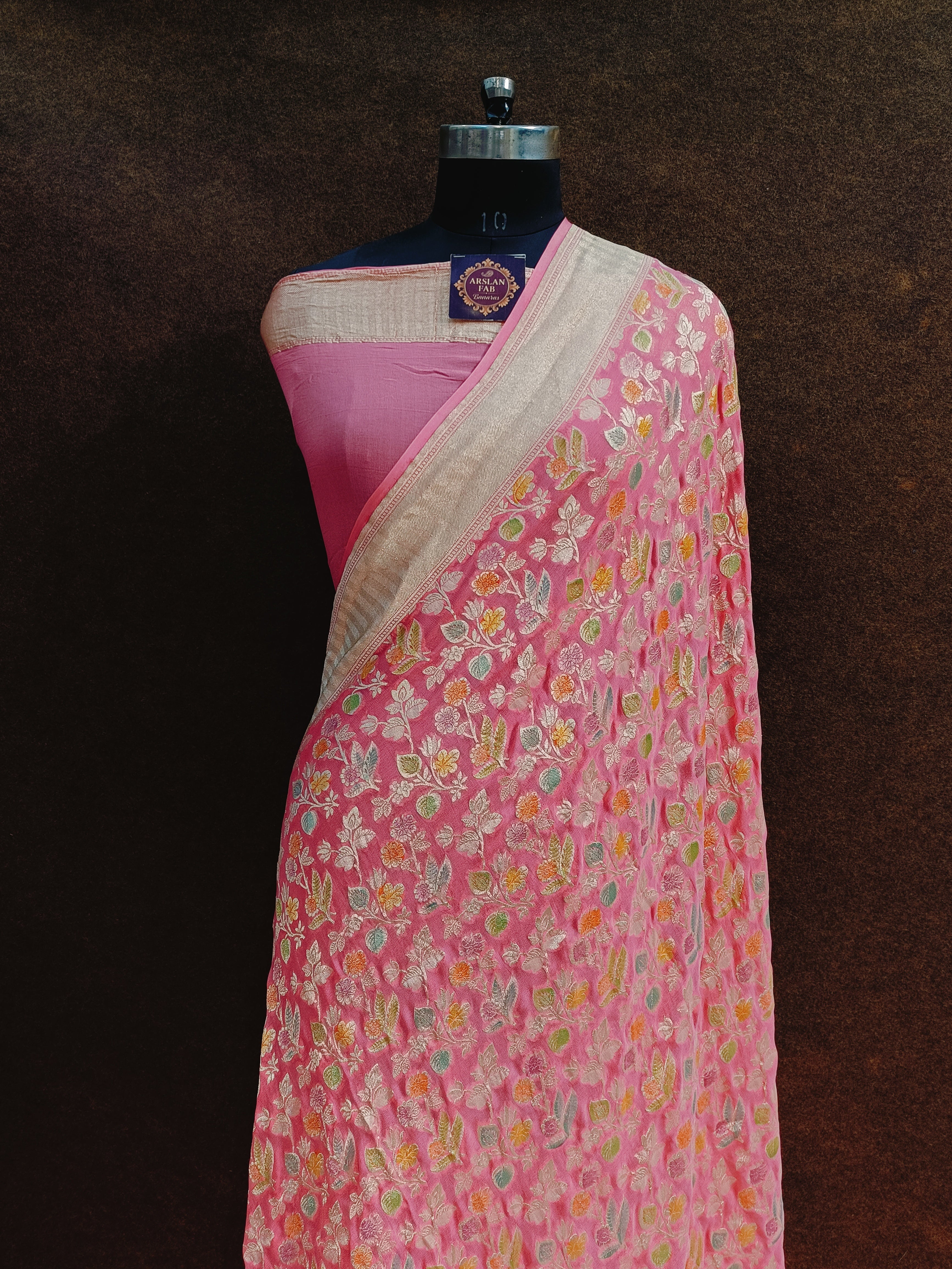 Banarasi Pure Khaddi Georjette Meenakari Pink Saree