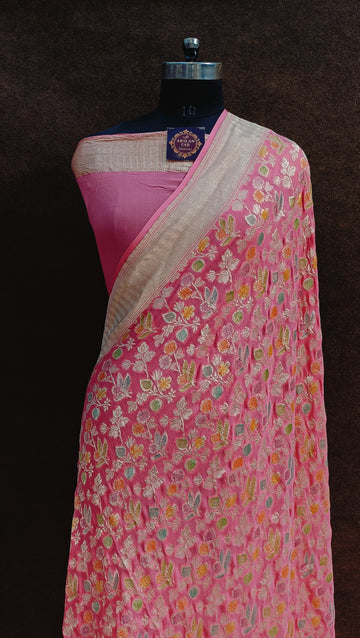Banarasi Pure Khaddi Georjette Meenakari Pink Saree