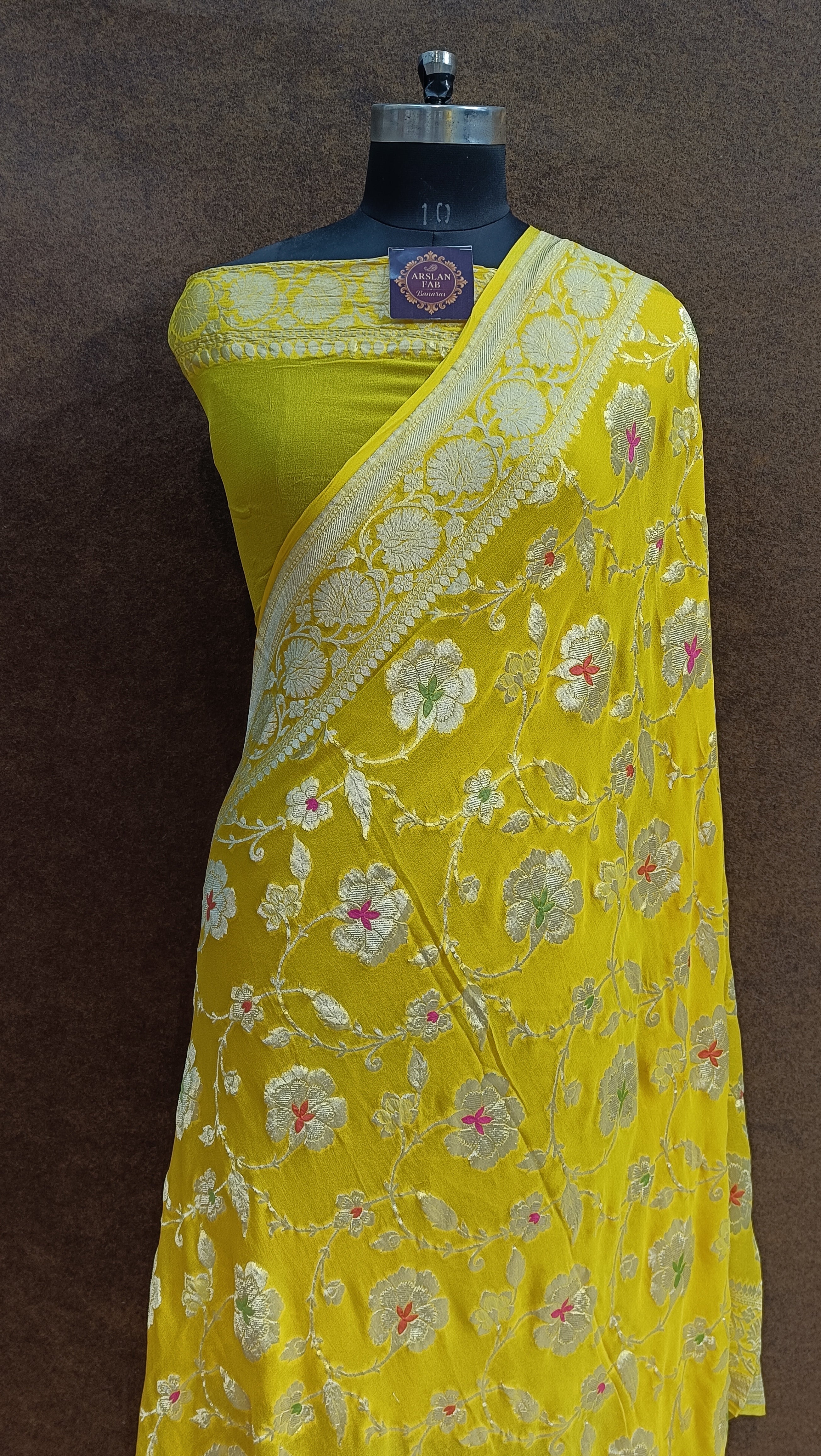 Banarasi Pure Khaddi Georjette Meenakari Yellow Liril Saree
