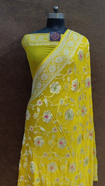 Banarasi Pure Khaddi Georjette Meenakari Yellow Liril Saree