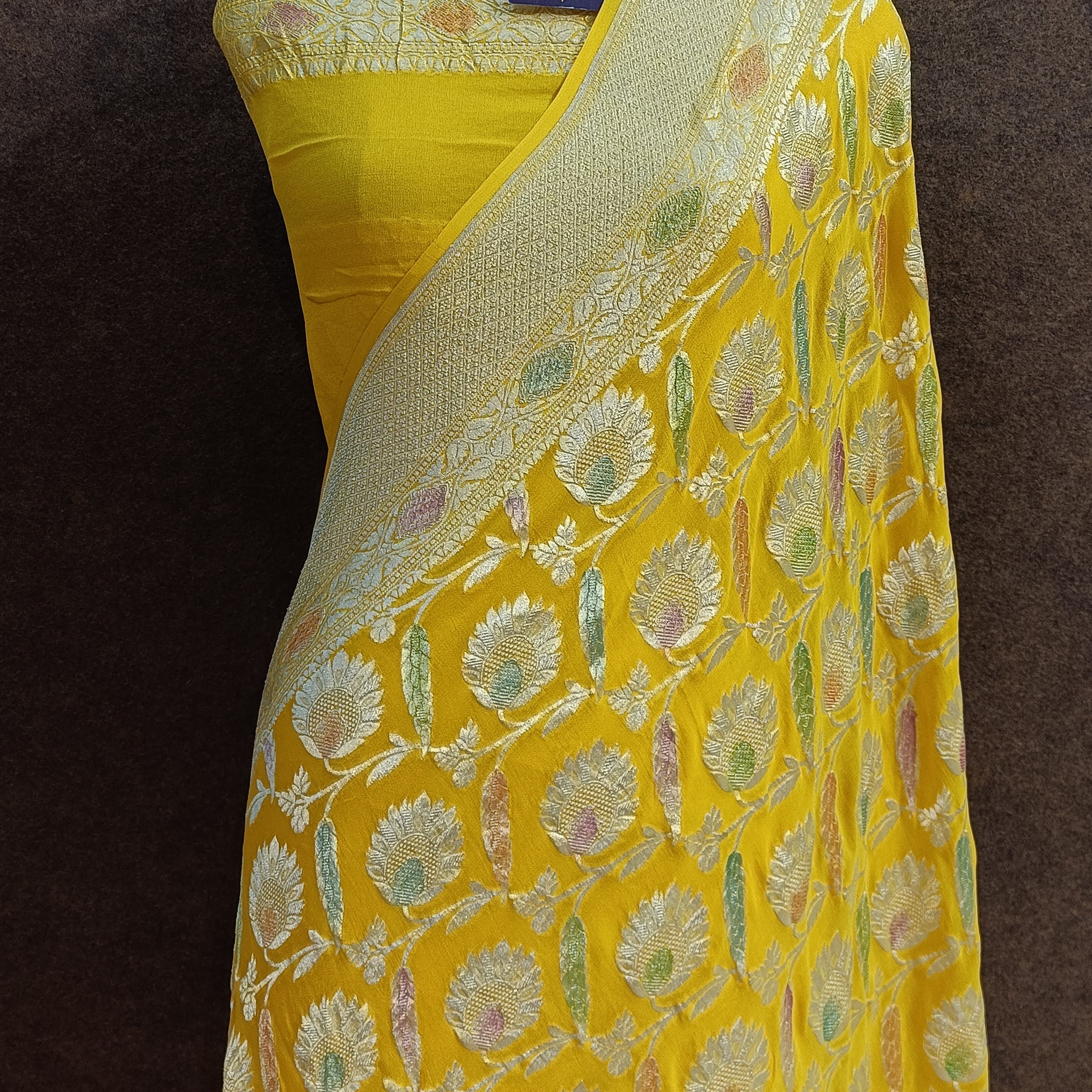 Banarasi Pure Khaddi Georjetta Meenakari Yelloa Saree