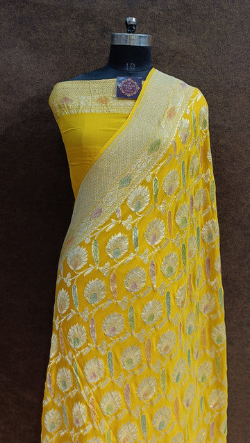 Banarasi Pure Khaddi Georjetta Meenakari Yelloa Saree
