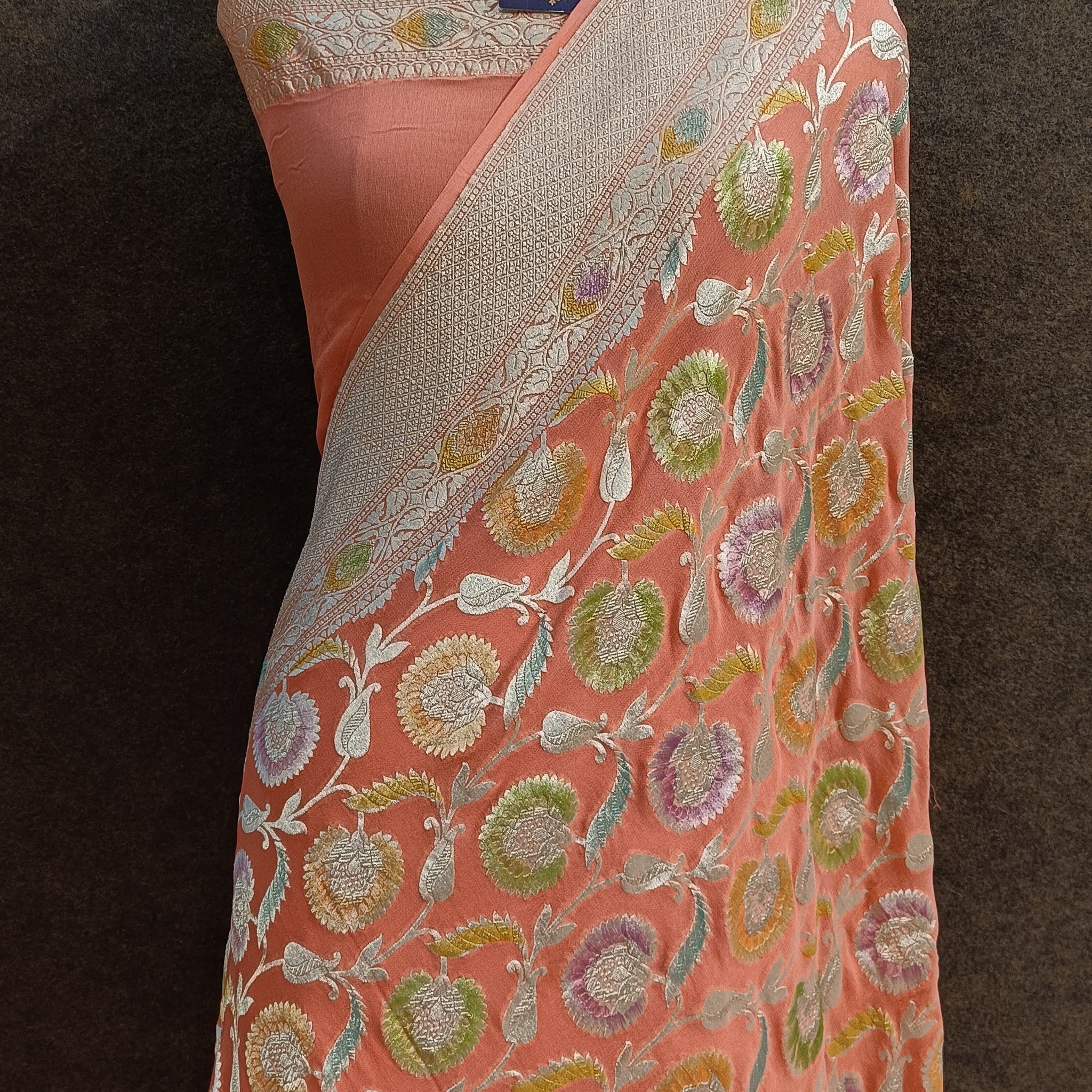 Banarasi Pure Khaddi georjette Meenakari Peach Orange Saree