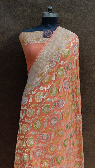 Banarasi Pure Khaddi georjette Meenakari Peach Orange Saree