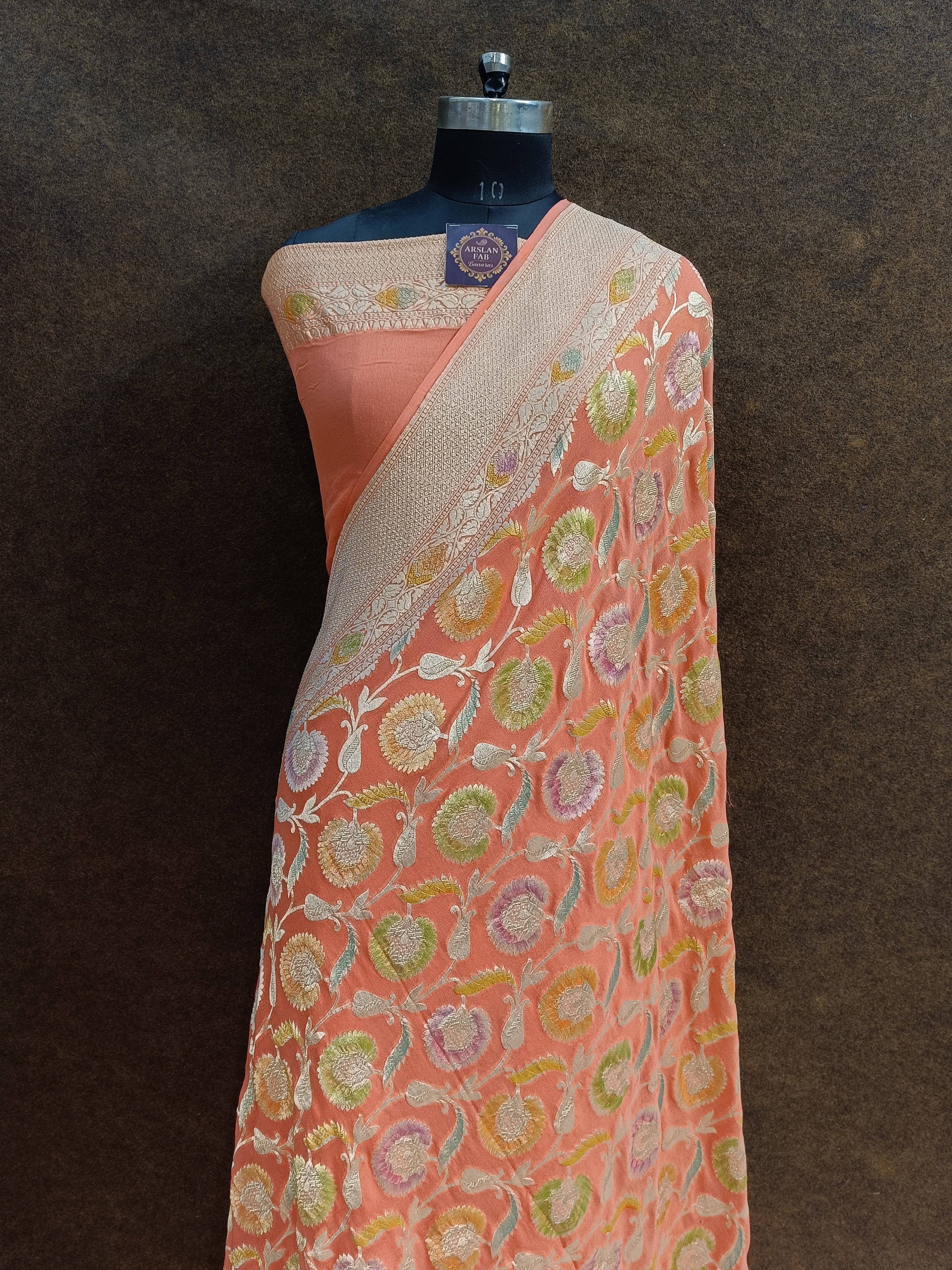 Banarasi Pure Khaddi georjette Meenakari Peach Orange Saree