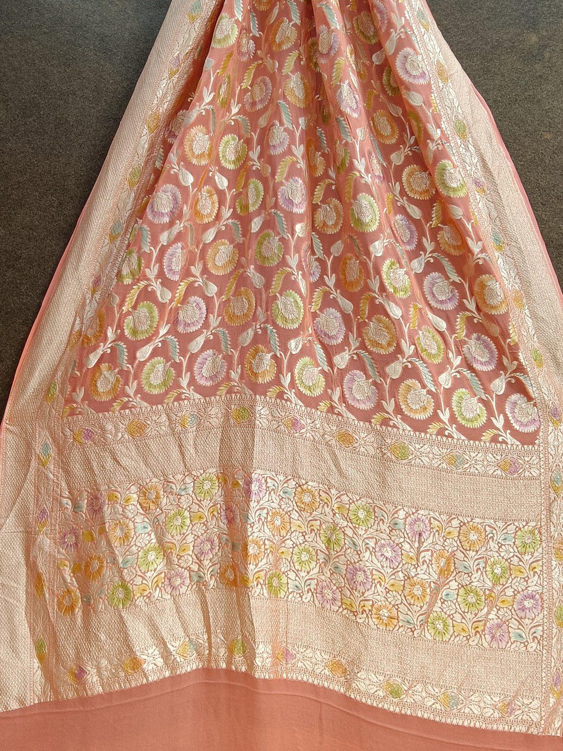 Banarasi Pure Khaddi georjette Meenakari Peach Orange Saree