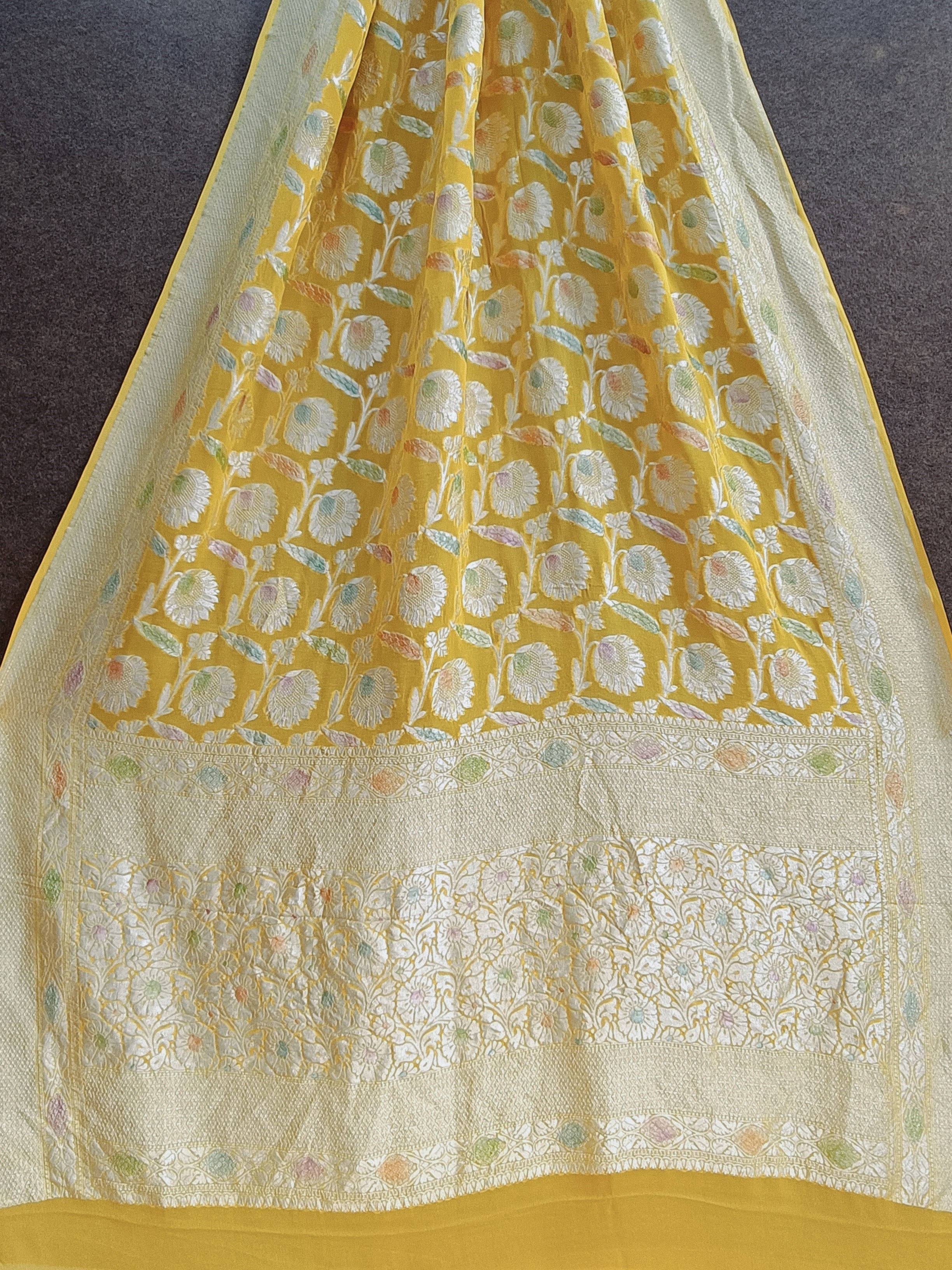 Banarasi Pure Khaddi Georjetta Meenakari Yelloa Saree