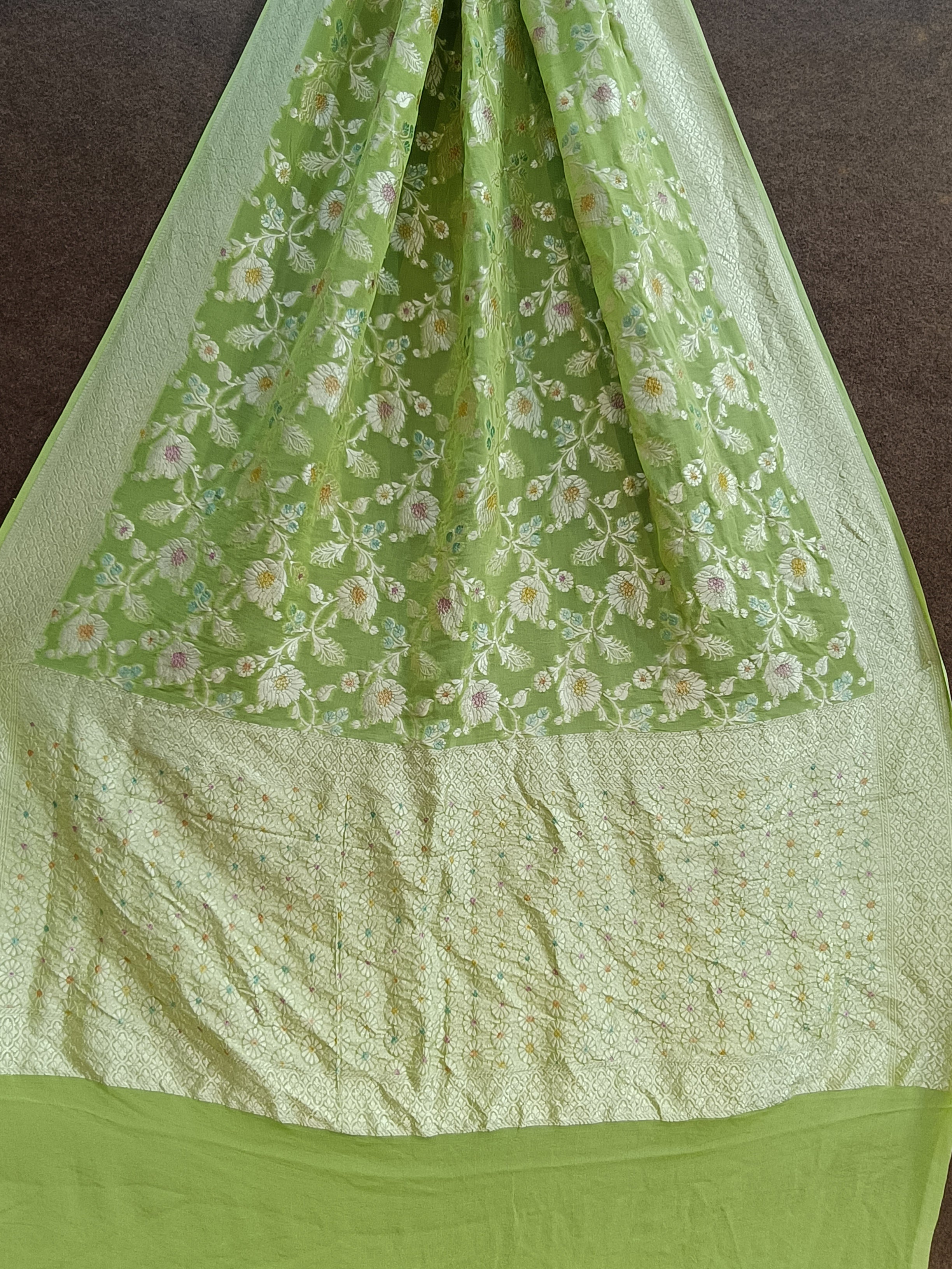 Banarasi pure Khaddi Georjette Meenakari Pista Green Saree