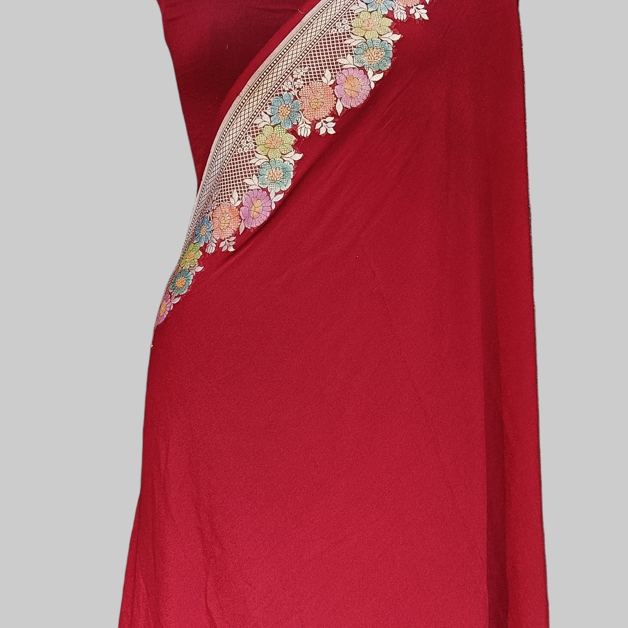 Maroon Khaddi Georjette Chiffon Pallu Border Meena Saree