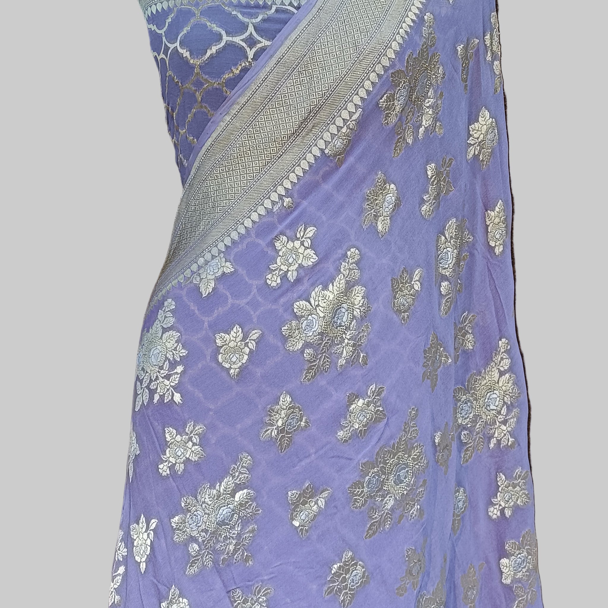 Pure Khddi Geogette Banarasi Silver Meena Saree