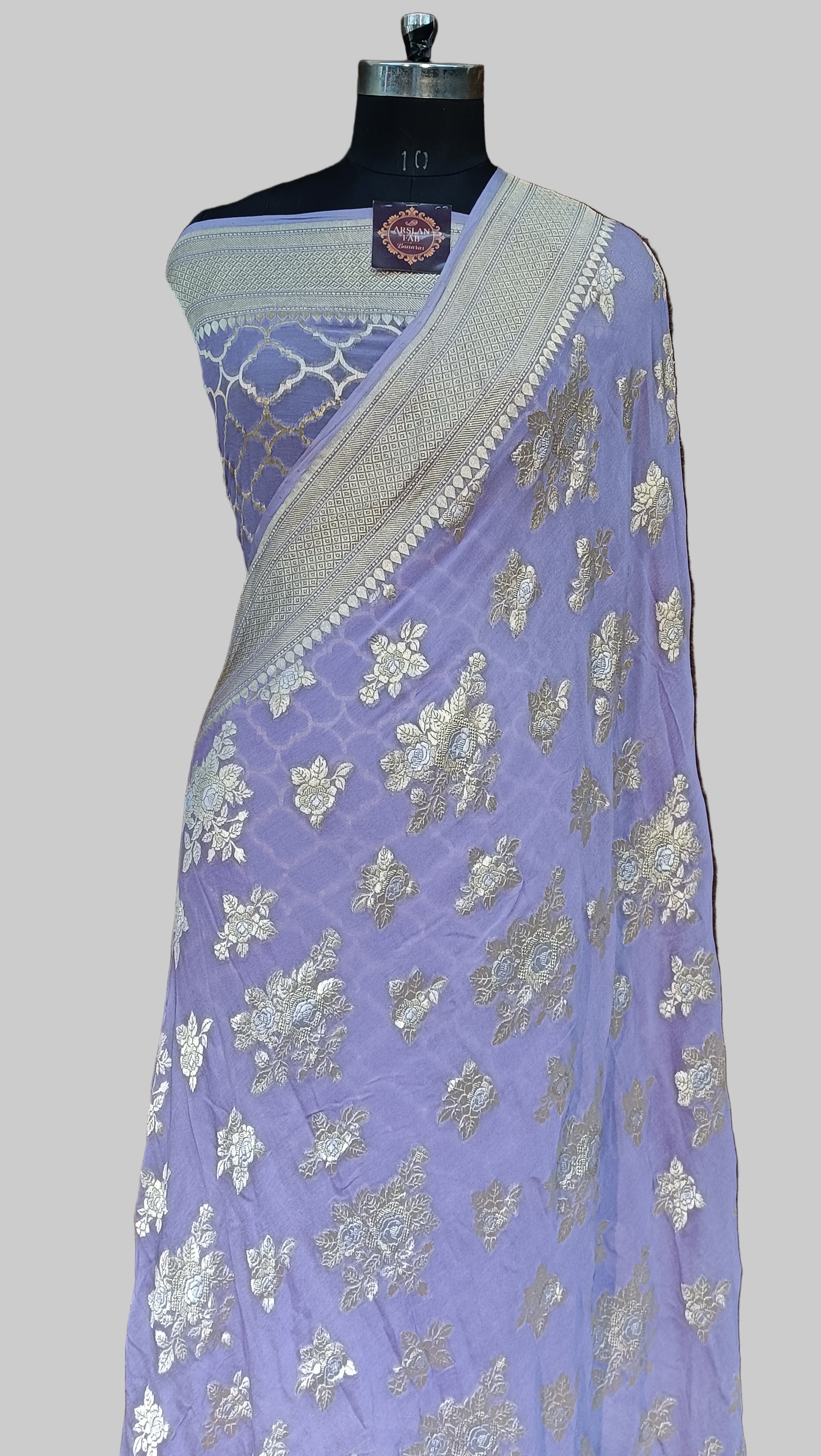 Pure Khddi Geogette Banarasi Silver Meena Saree