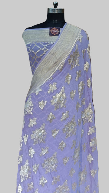 Pure Khddi Geogette Banarasi Silver Meena Saree