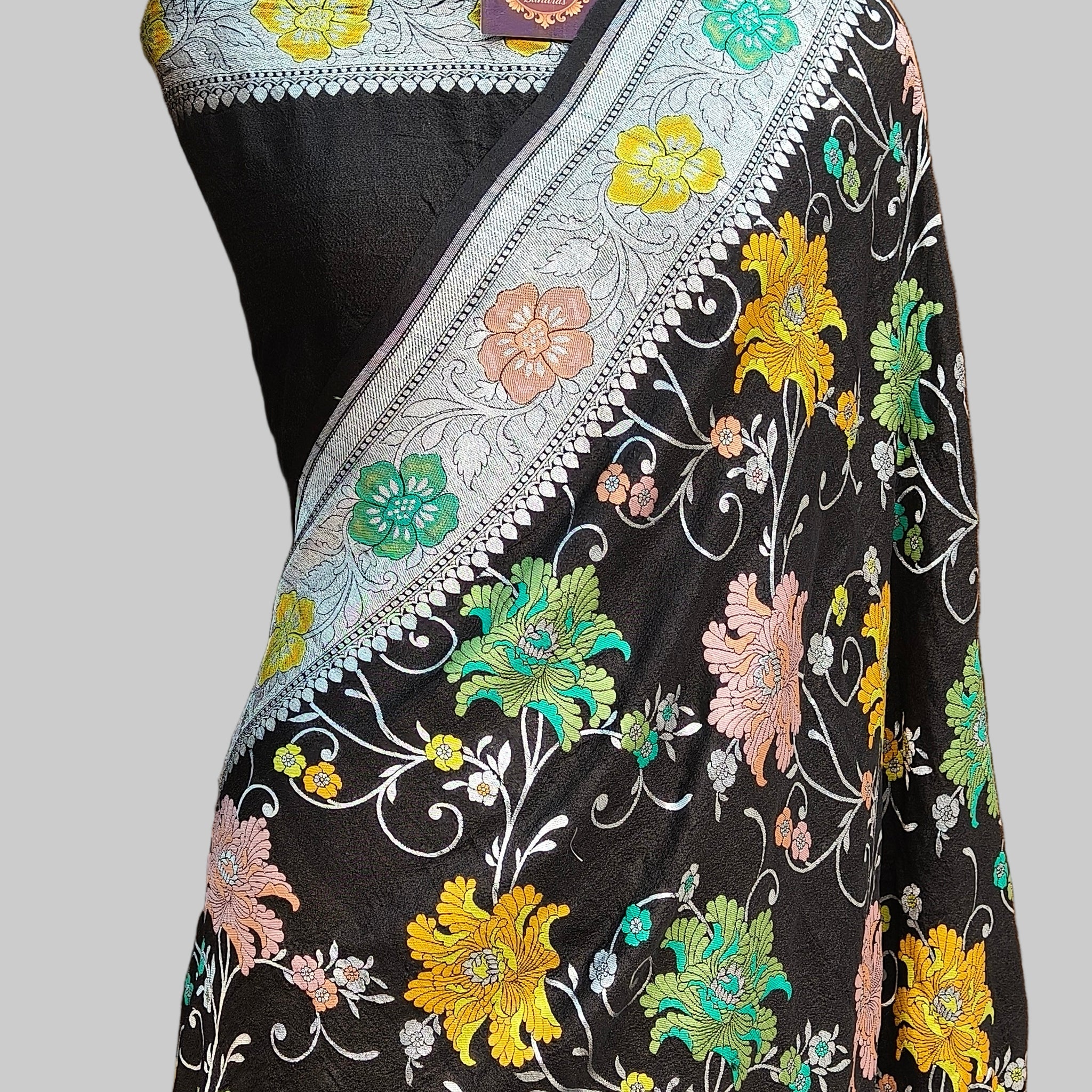 Pure Tussar Silk Tilfi Black Saree