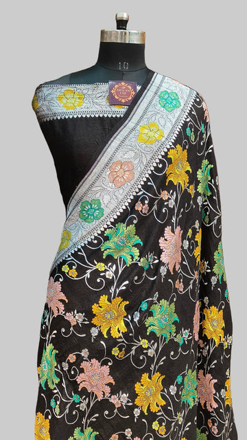 Pure Tussar Silk Tilfi Black Saree