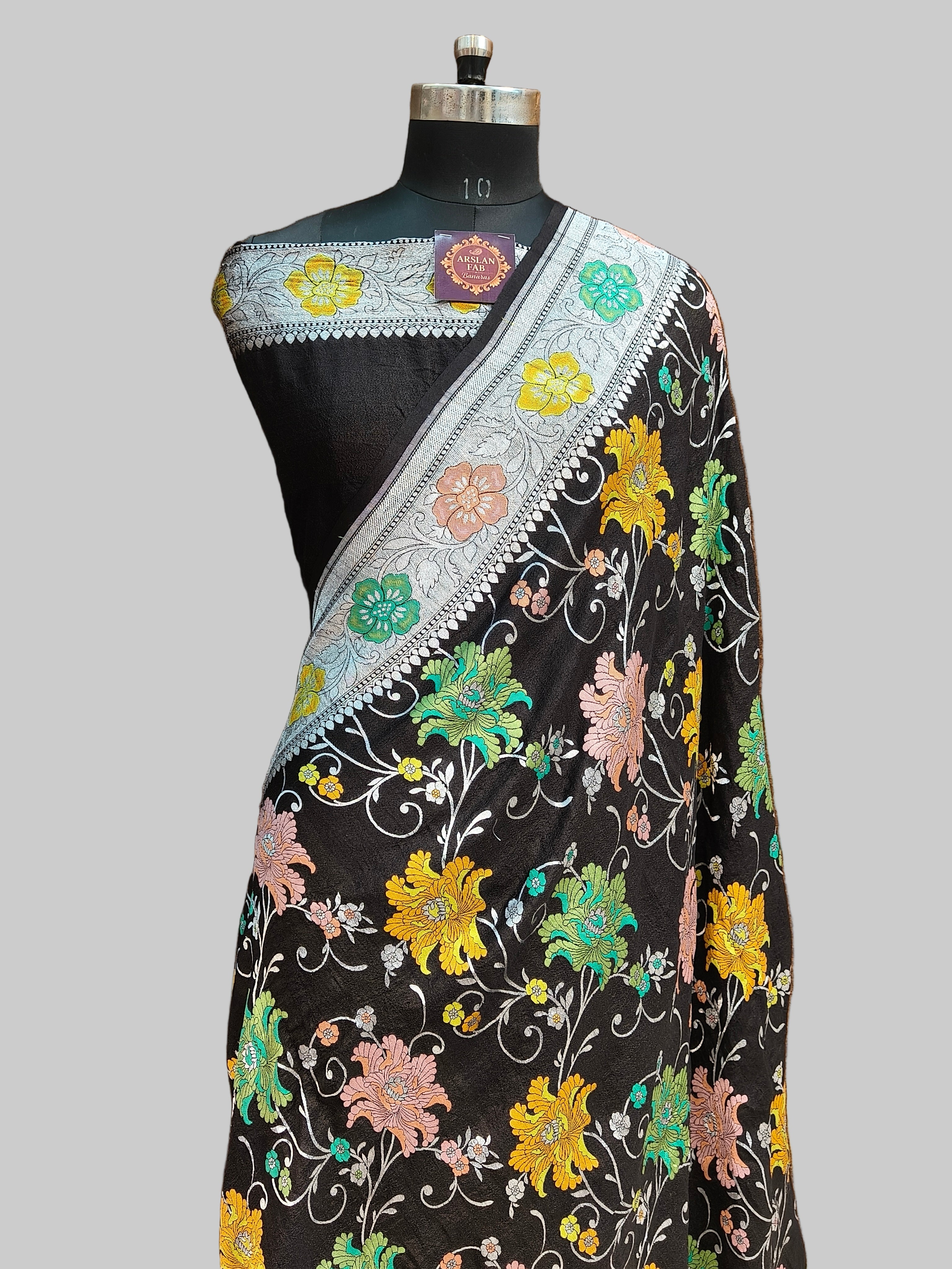 Pure Tussar Silk Tilfi Black Saree